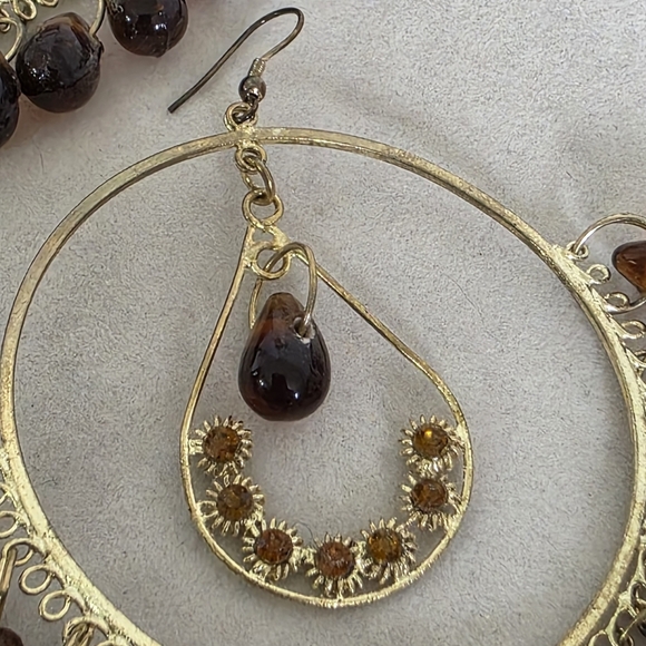 Large Statement Gold Hoop Earrings with Amber Glass Beads - Picture 4 of 14